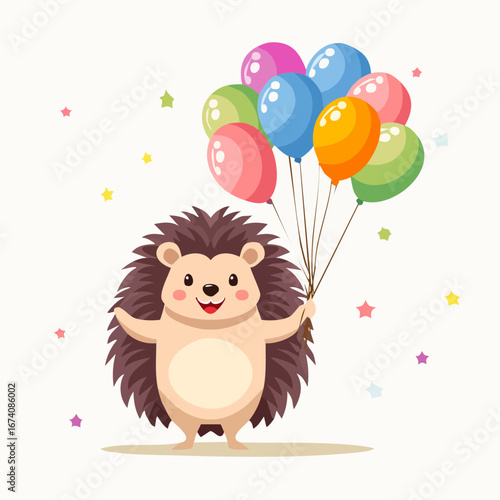 A cute cartoon hedgehog stands smiling, holding a bunch of colorful balloons with confetti stars scattered around.