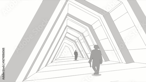 Abstract corridor futuristic architecture grayscale illustration people walking perspective design modern interior geometrical shapes lines triangle shapes hallway pathway geometric patterns minimali.