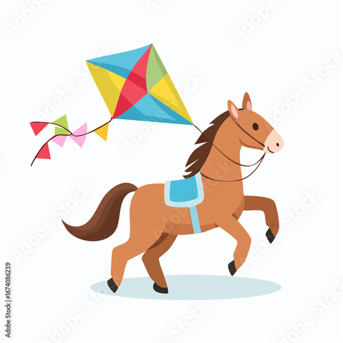 Cartoon horse carrying a colorful kite, a playful illustration of a child's activity.