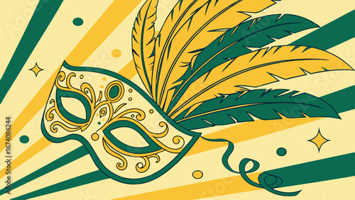 Ornate Masquerade Mask with Feathers Festive Celebration Design Party Decoration Vintage Style Illustration.