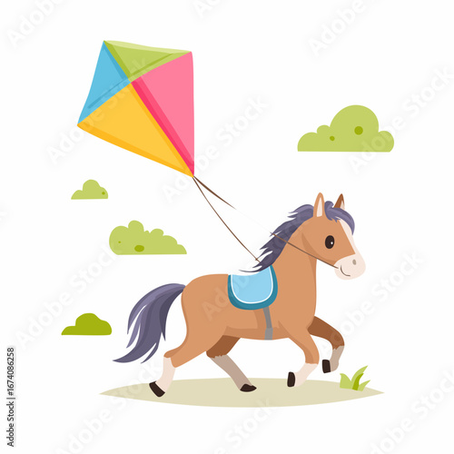 Cute cartoon horse running with a colorful kite, a whimsical illustration of a child's outdoor activity.