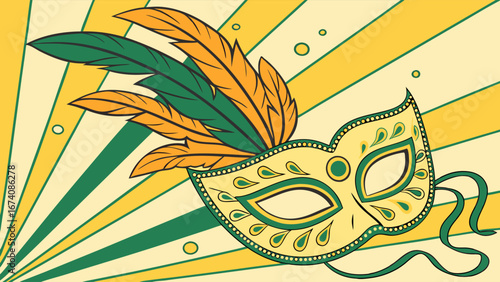 Colorful Venetian Mask with Feathers on Decorative Background.