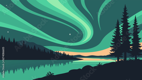 Northern Lights over tranquil lake and forest at night.