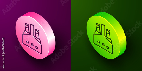 Isometric line Pack of beer bottles icon isolated on purple and green background. Case crate beer box sign. Circle button. Vector