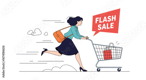Excited shopper rushing to catch a limited time flash sale event with a full shopping cart brimming with products