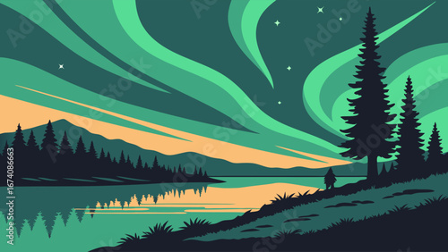 Stylized Illustration of a Landscape Scene Featuring Aurora Borealis and Water.