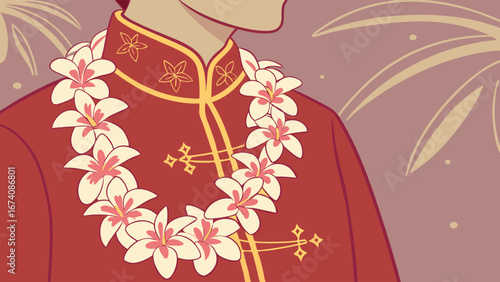 Floral Lei on Traditional Asian Clothing Festive Celebration Design Illustration.