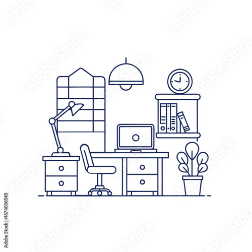  A  line-art illustration of a home office or workspace with computer and organized stationery