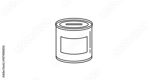 A simple line art drawing of a metal can with a slot on top for inserting coins and an empty label on the side representing a money box or savings container