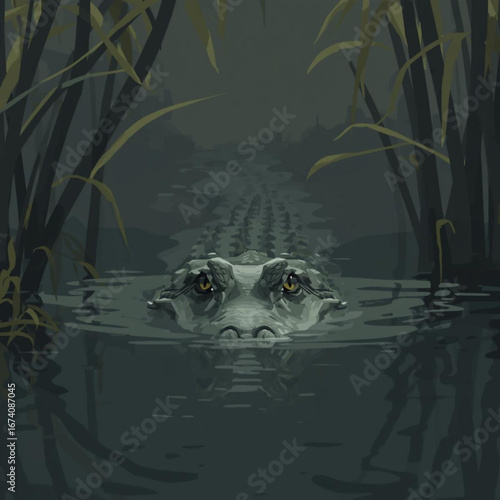 Alligator lurking in dark swamp water with reeds vector