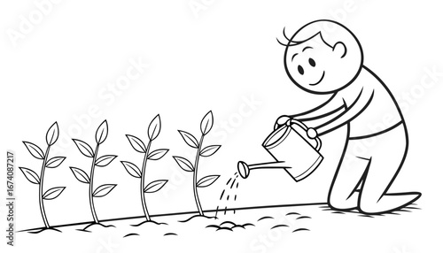 A single stick figure kneeling and watering a row of small seedlings, which now have visible roots extending into the soil. The seedlings are upright and healthy, with tiny leaves sprouting. The figur