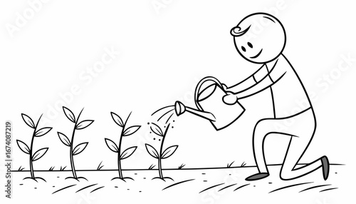 A single stick figure kneeling and watering a row of small seedlings, which now have visible roots extending into the soil. The seedlings are upright and healthy, with tiny leaves sprouting. The figur