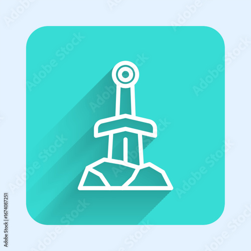 White line Sword in the stone icon isolated with long shadow background. Excalibur the sword in the stone from the Arthurian legends. Green square button. Vector