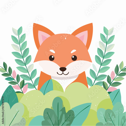 Adorable cartoon fox peeking from lush green foliage.