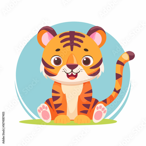 Adorable cartoon tiger cub sitting happily on grass, cheerful expression.