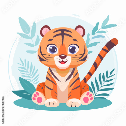 Adorable cartoon tiger cub sitting amidst lush tropical foliage.