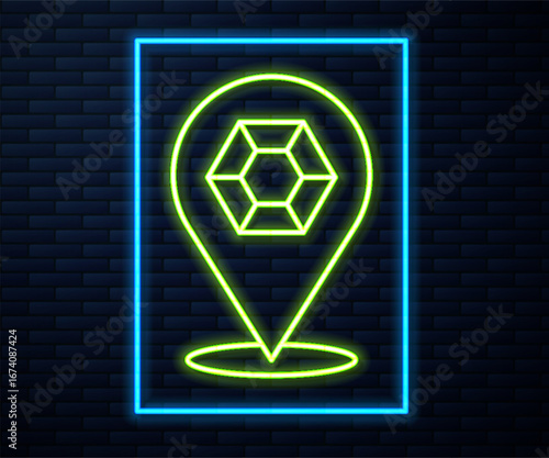 Glowing neon line Gem stone icon isolated on brick wall background. Jewelry symbol. Diamond. Vector