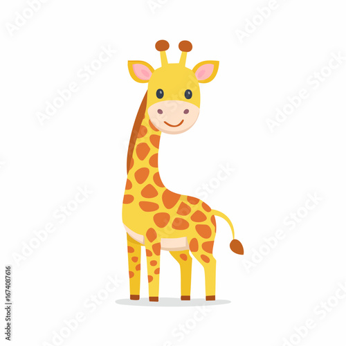 A cute cartoon giraffe with orange spots stands smiling on a white background.