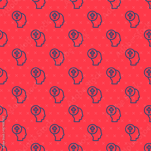 Blue line Priest icon isolated seamless pattern on red background. Vector