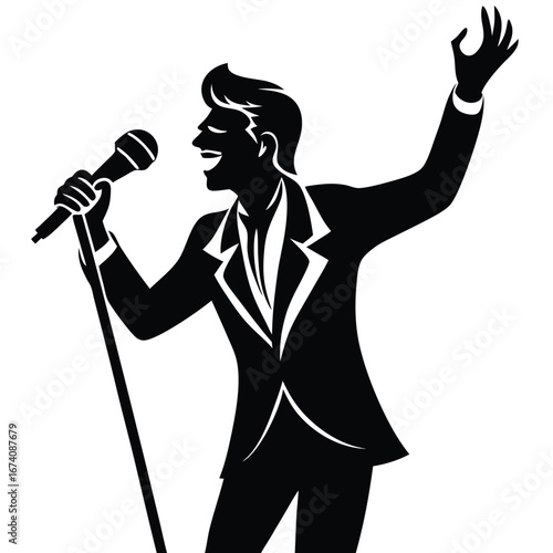 Black silhouette of a man singing into a microphone 2