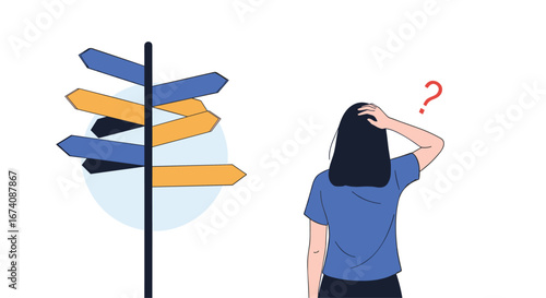 Person standing at a crossroads with multiple signs confused about which path to take making a decision about their future career options