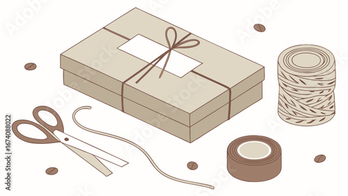 Packaging Supplies Gift Box Twine Tape Scissors Craft Illustration.