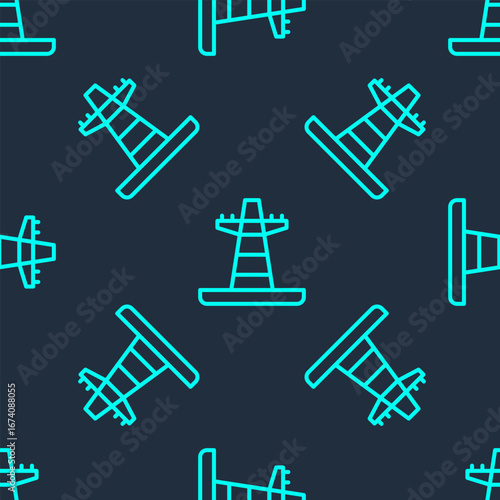 Green line Electric tower used to support an overhead power line icon isolated seamless pattern on blue background. High voltage power pole line. Vector