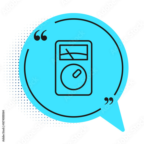 Black line Ampere meter, multimeter, voltmeter icon isolated on white background. Instruments for measurement of electric current. Blue speech bubble symbol. Vector