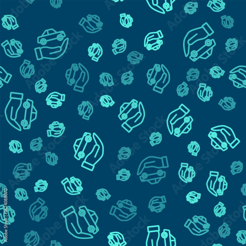 Green line Car insurance icon isolated seamless pattern on blue background. Insurance concept. Security, safety, protection, protect concept. Vector