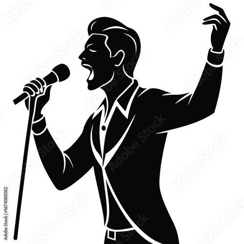 Black silhouette of a man singing into a microphone
