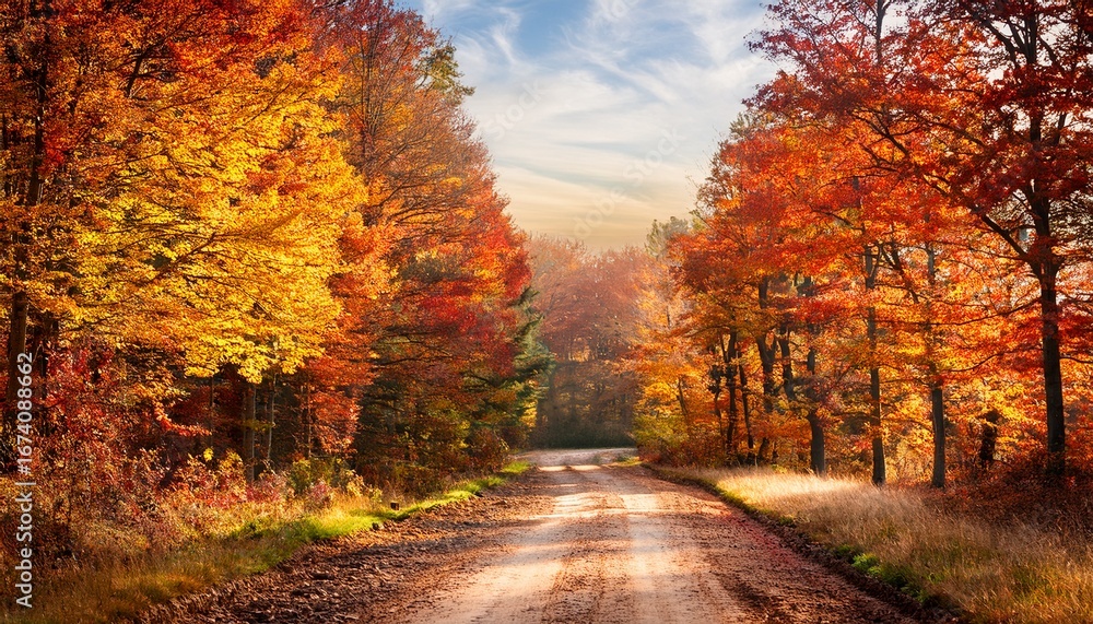 Obraz premium rural dirt road through vibrant autumn forest with colorful trees