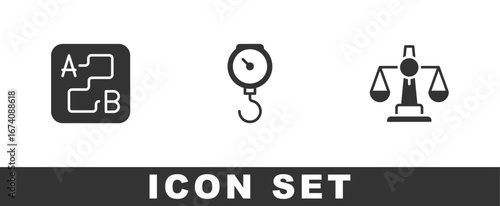 Set Route location, Hand scale spring mechanical and Scales of justice icon. Vector