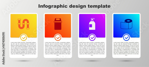 Set Industry metallic pipe, Trash can, Dishwashing liquid bottle and Toilet paper roll. Business infographic template. Vector