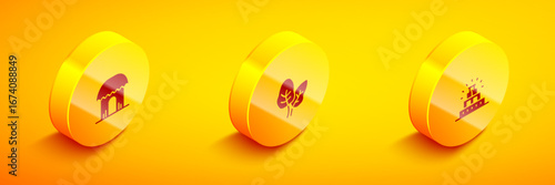 Set Isometric African hut, Tropical leaves and Chichen Itza in Mayan icon. Vector