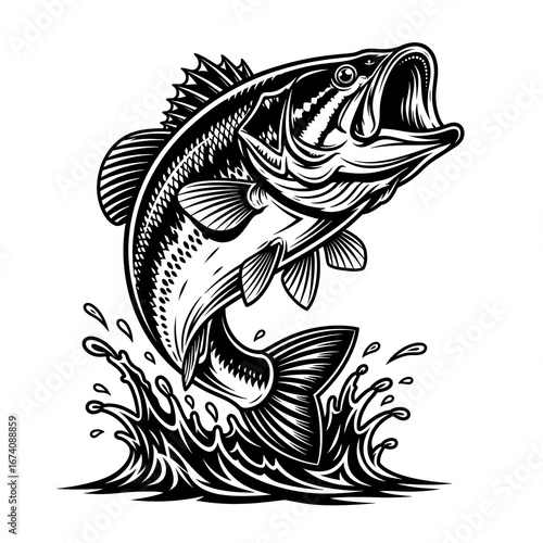 Leaping largemouth bass fishing illustration