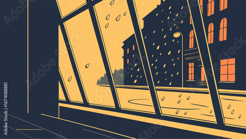 Rainy Night Cityscape Viewed from Window Urban Illustration Vector Art.