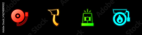 Set Ringing alarm bell, Firefighter axe, Flasher siren and icon. Vector