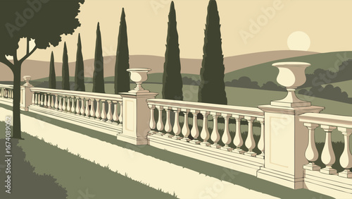 Elegant Garden Path with Stone Railing.