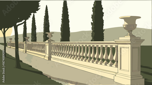 Stone balustrade with urns and trees garden wall architectural design landscape illustration.