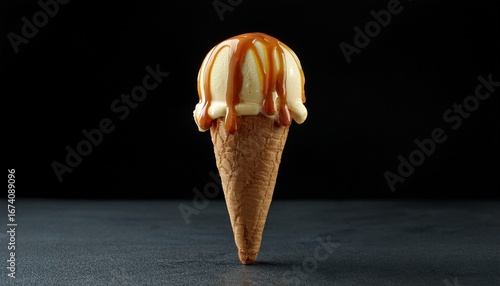 delicious ice cream cone topped with caramel drizzle against a dark background
