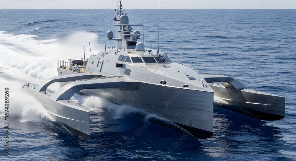 Naklejka premium Closeup of Sea Hunter unmanned surface vessel with futuristic trimaran hull, sharp angular lines, antennas, and radar mast reflecting bright sky on metallic body in ocean waves.