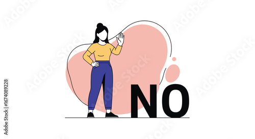 Woman refuses a proposal or suggestion with confidence and assertiveness illustration