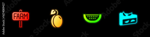 Set Location farm, Plum fruit, Watermelon and Homemade pie icon. Vector
