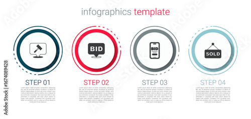 Set Auction hammer, Bid, Online auction and sold. Business infographic template. Vector