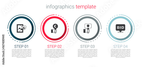 Set Auction painting, Hand holding auction paddle, and Bid. Business infographic template. Vector