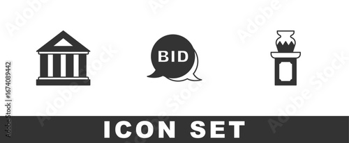 Set Museum building, Bid and Auction ancient vase icon. Vector