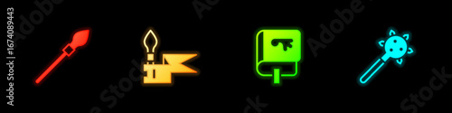 Set Medieval spear, Viking book and Mace with spikes icon. Vector