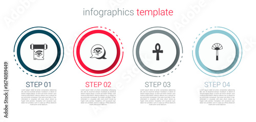 Set Eye of Horus on papyrus scroll, Cross ankh and Egyptian fan. Business infographic template. Vector