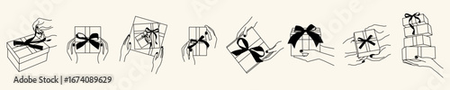Minimalist gift giving line art illustration. Hand drawn present box with ribbon bow and holding hands design. Elegant holiday packaging doodle. Christmas and birthday gift sketch.