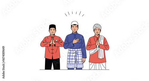 Three men in traditional attire showing respect and hospitality to visitors